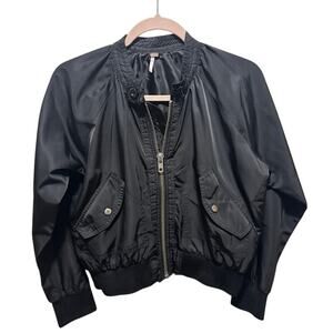 Free People Cropped Black Bomber Jacket Full Zip Long Sleeves Satiny women's XS